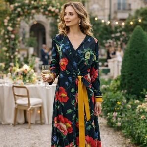🌺 Kobi Halperin Silk Floral Wrap Midi Dress — Size XL